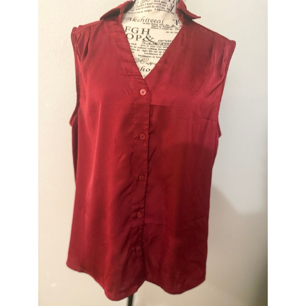 FUNLINGO Women's Sleeveless Collared Button-Up Blouse red business dress up